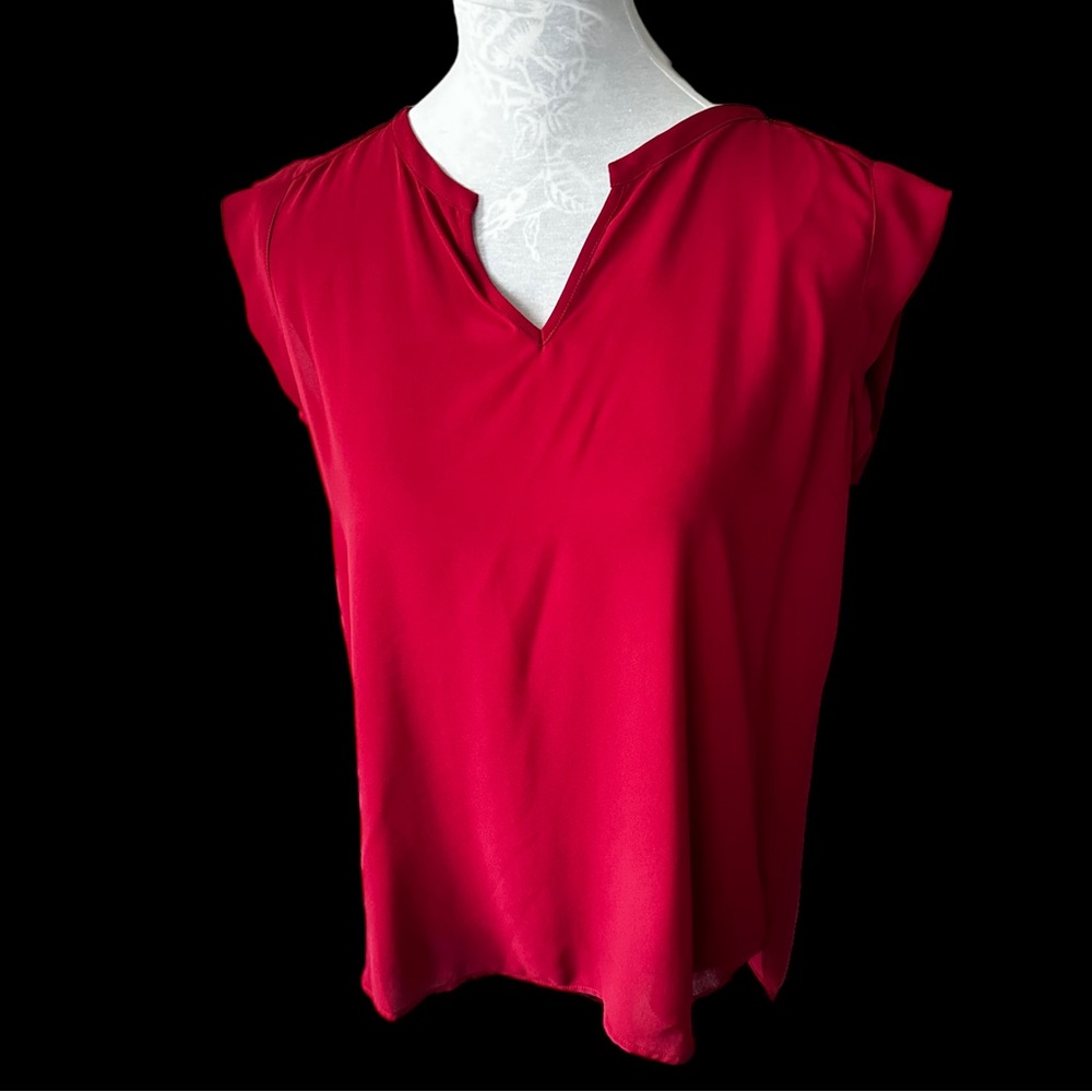 PLEIONE Top High Low flowy Short Sleeve Nordstrom Blouse Red Rucked Size SP - Picture 8 of 8